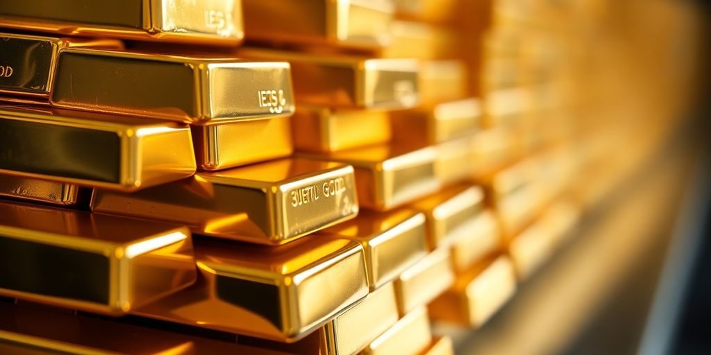 Barres d'or empilées, montrant leur éclat et couleur.