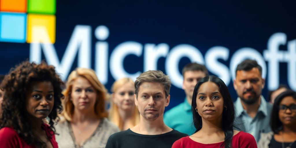 Microsoft logo, small group of people.