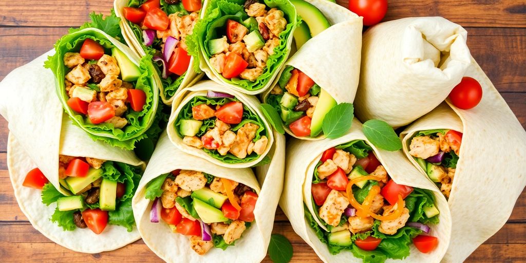 Colorful wraps filled with fresh vegetables and proteins.