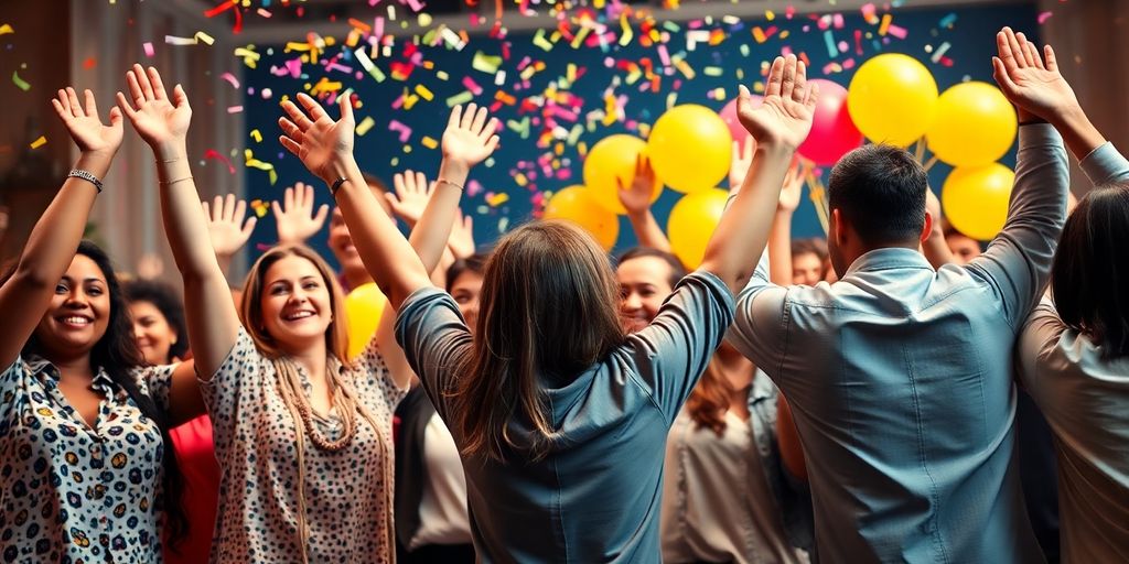 Group of people celebrating achievements with joy and confetti.