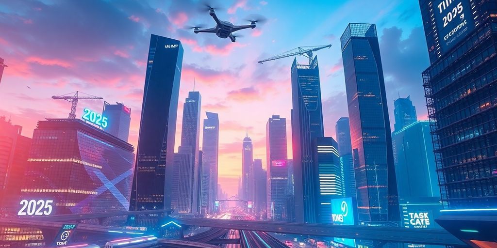 Futuristic city with advanced tech and innovation elements.