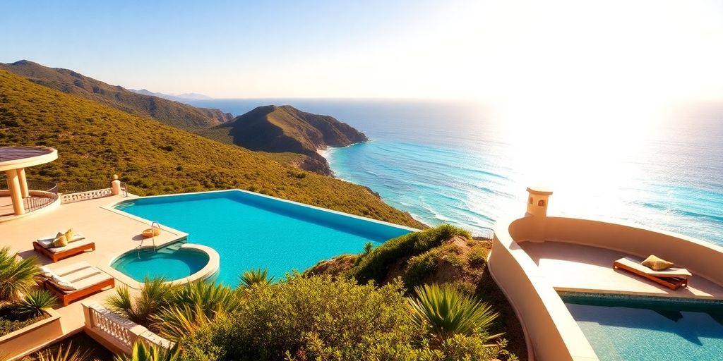 Luxury beachfront villa overlooking turquoise ocean waters.