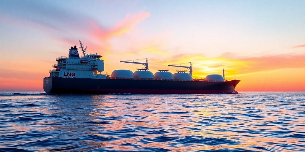 LNG bunker vessel sailing at sunset on calm waters.
