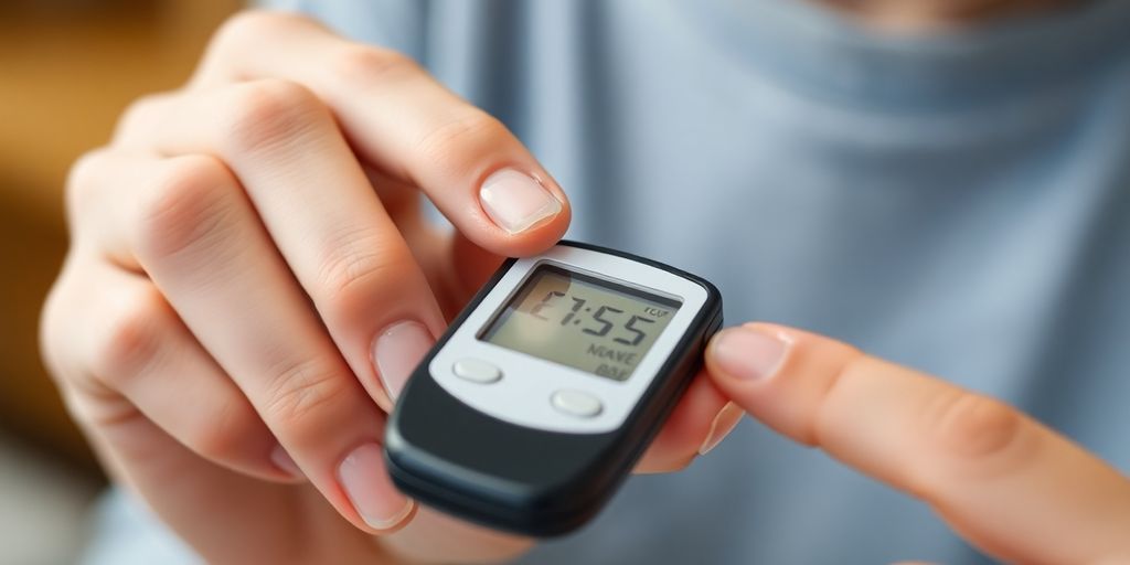 Person reviewing blood glucose meter with finger prick.