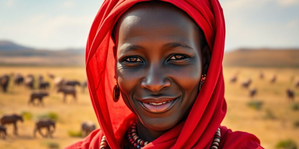 Maasai woman in traditional attire, vibrant, smiling.