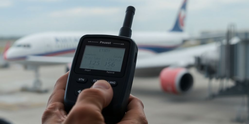 Hand holding scanner with plane in background.