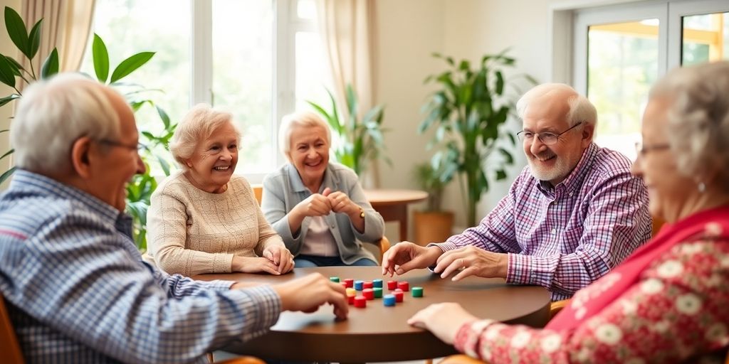 Idosos se divertindo em atividades recreativas na casa de repouso.