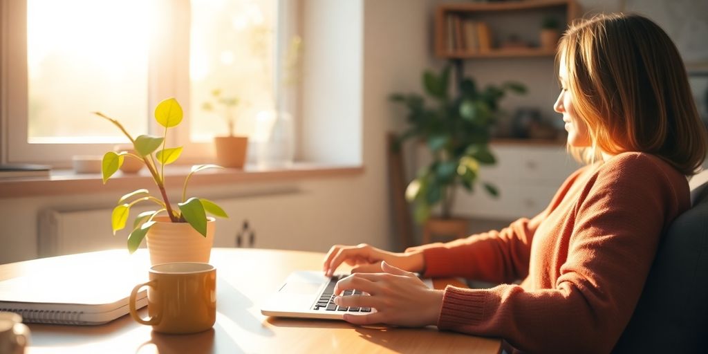 Person smiling, working on laptop at home.
