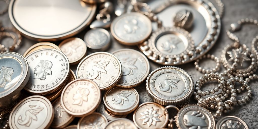 Close-up of silver coins and jewellery.