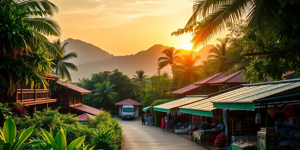 Tropical landscape of Phuket with traditional Thai elements.