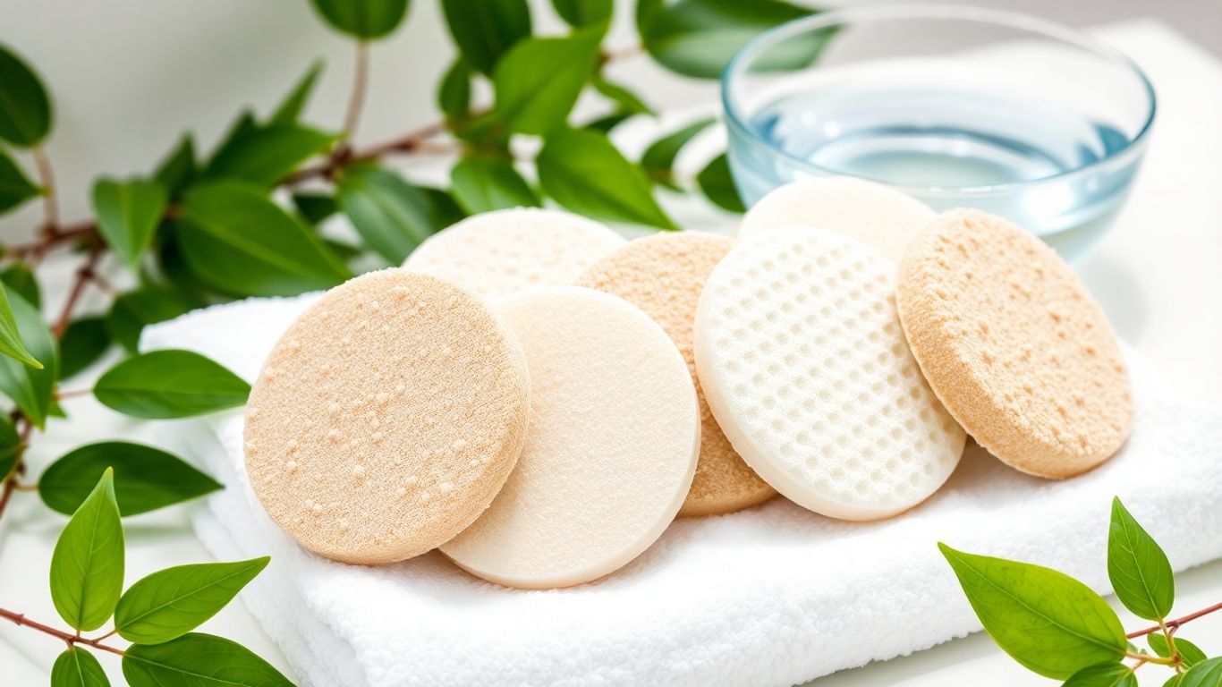 Various body exfoliating pads arranged on white towel.