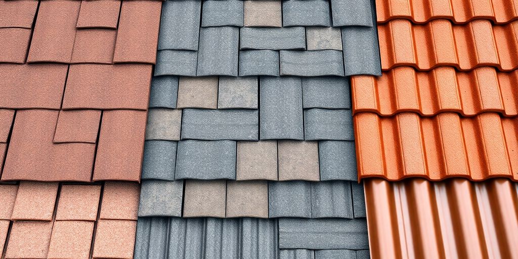 Verschillende dakmaterialen zoals tegels en metalen platen.