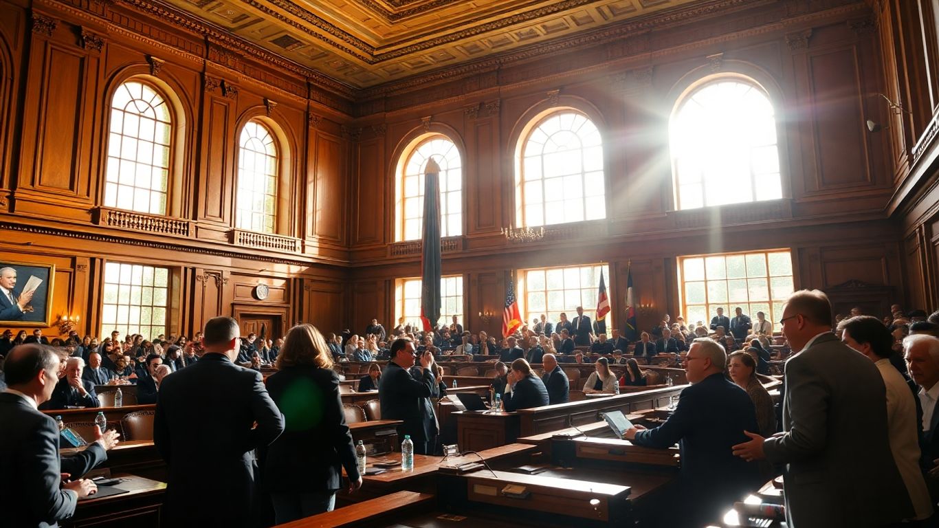 Government building interior with people discussing.