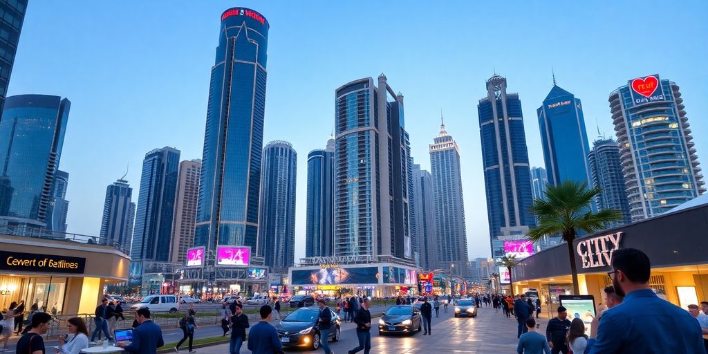 Dubai skyline with technology and entrepreneurs in action.