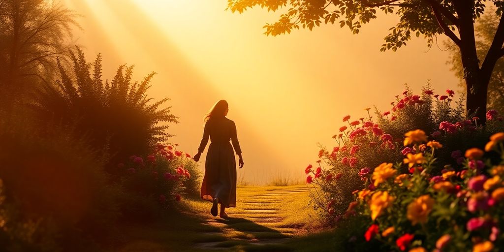 Silhouettes walking in a tranquil garden, symbolizing love and healing.