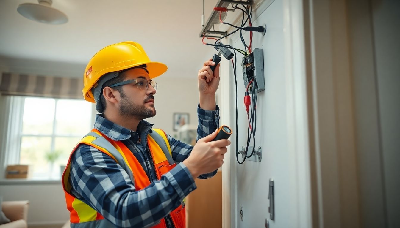 Electrician inspecting wiring in a London home.