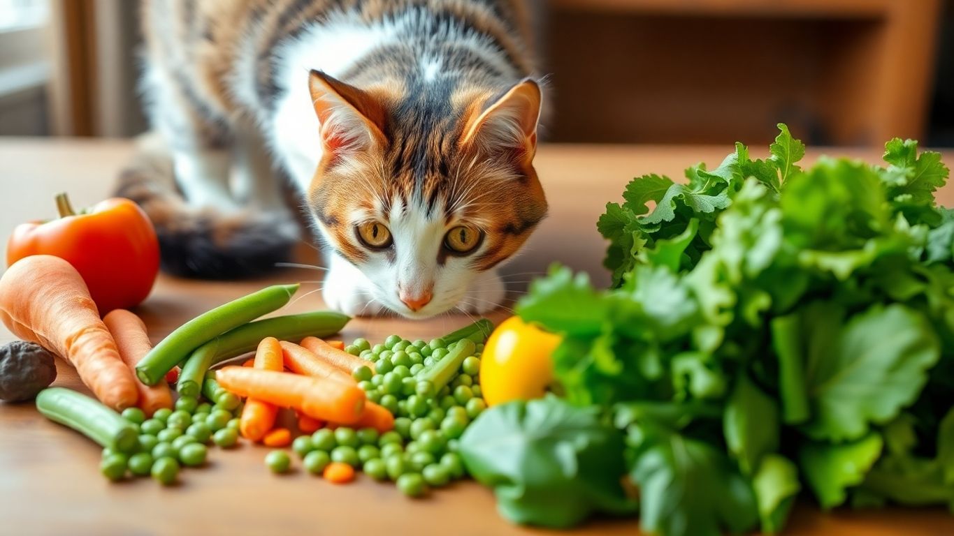Gato explorando vegetais frescos em uma mesa.