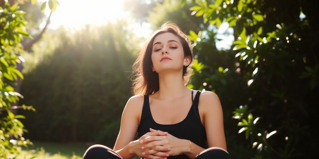 Serene person meditating outdoors, sunlit.