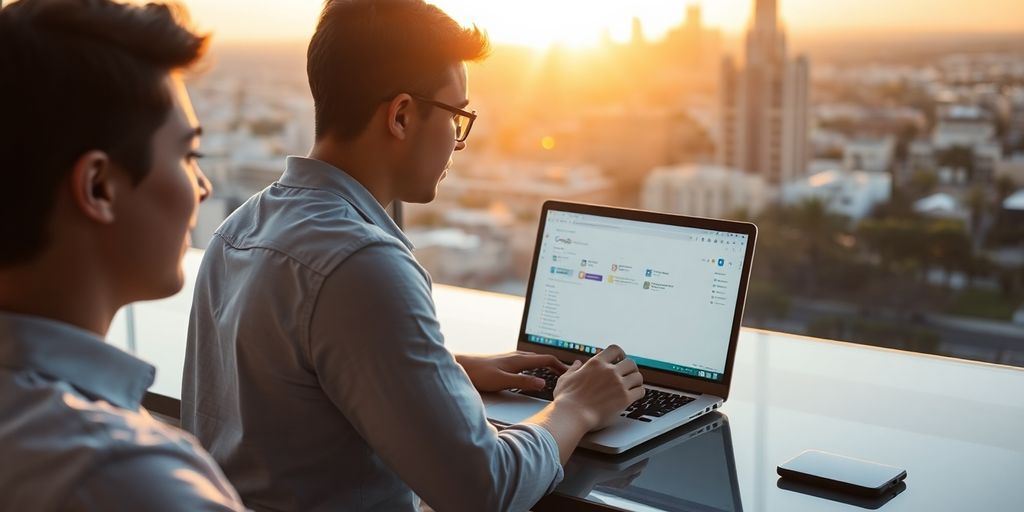 Person using laptop with colorful email filters against LA skyline.