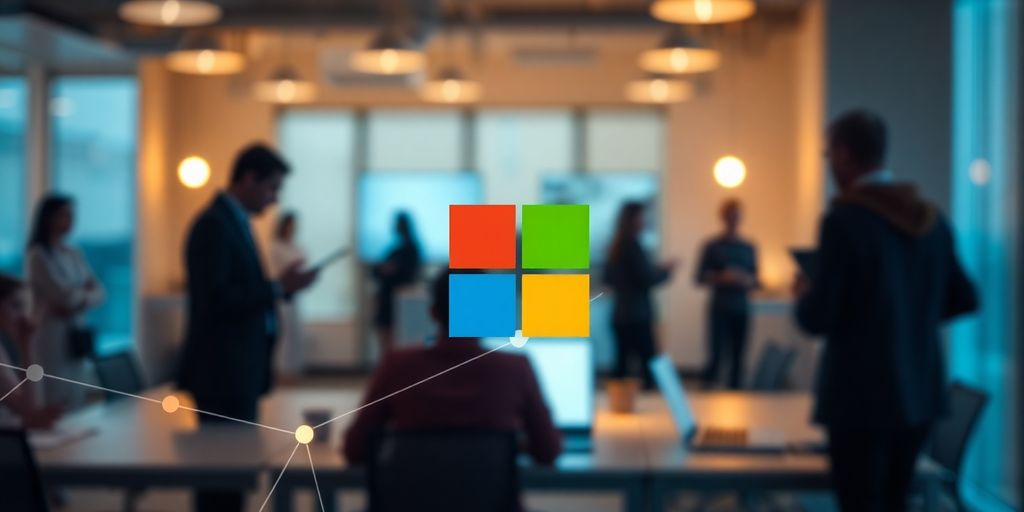 Microsoft logo, abstract global connections, remote work.