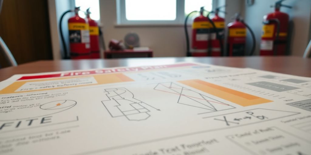 Brandschutzkonzept: Brandschutzplan mit Sicherheitsgeräten im Hintergrund.