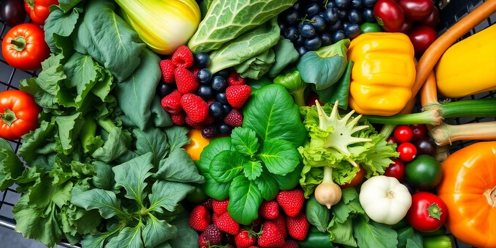 Grocery cart filled with colorful fresh fruits and vegetables.