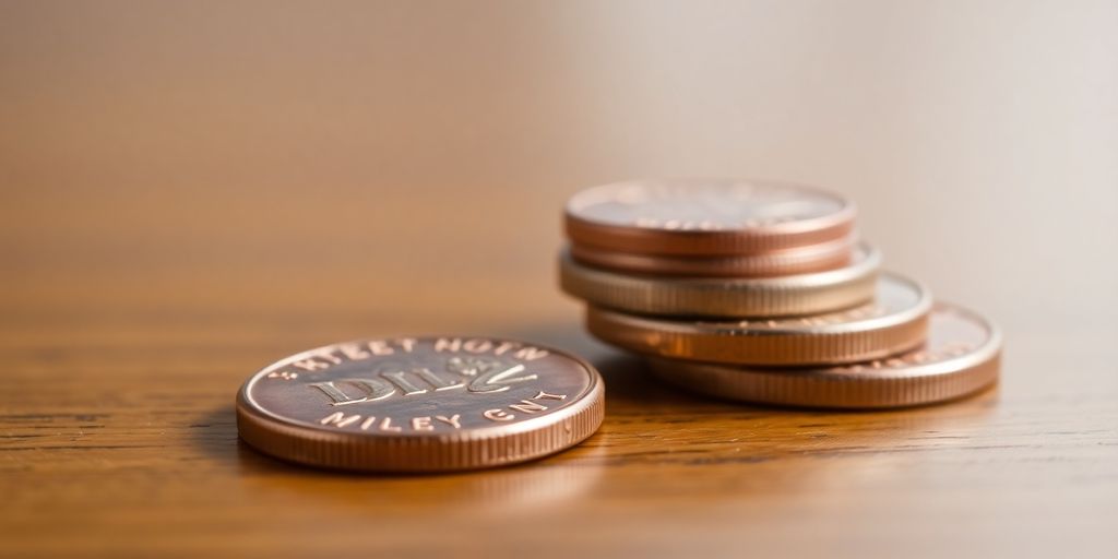 Close-up of a penny on a wooden surface.