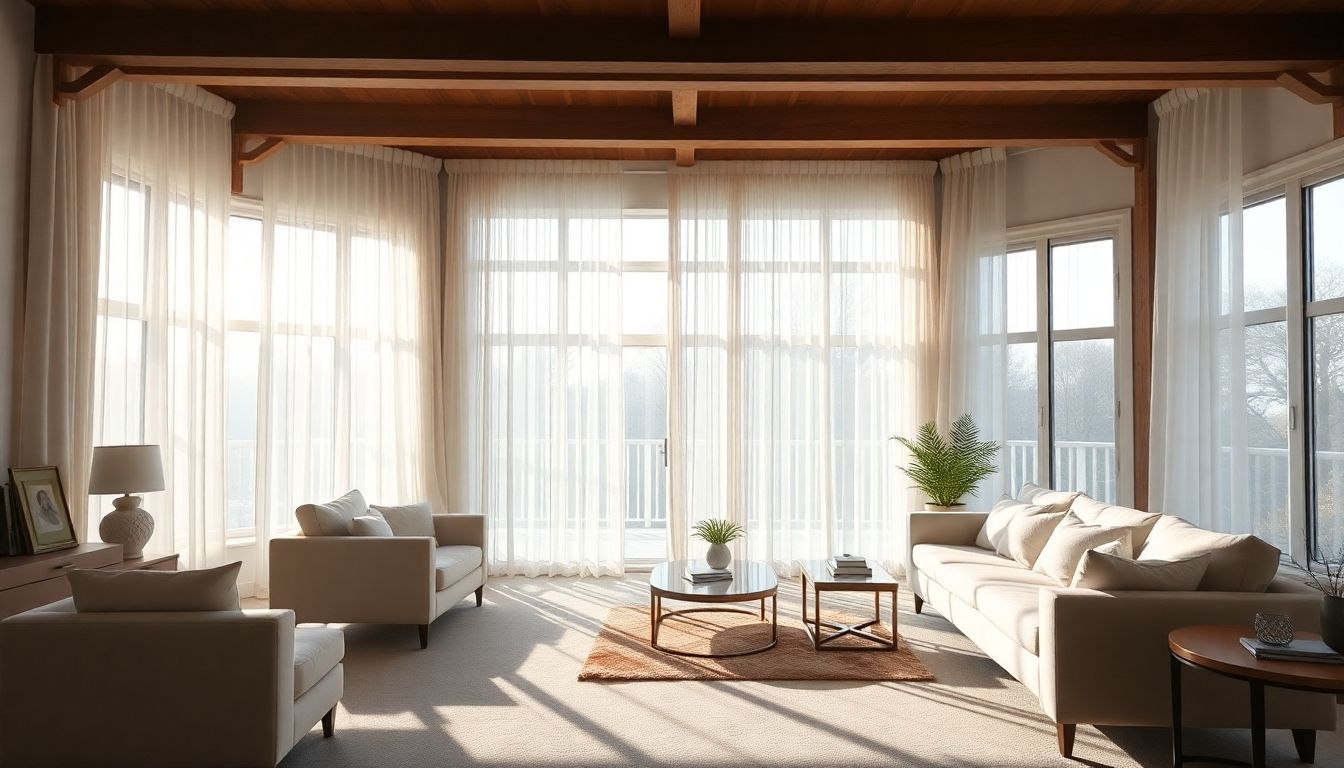 Bright living room with large windows and light furniture.