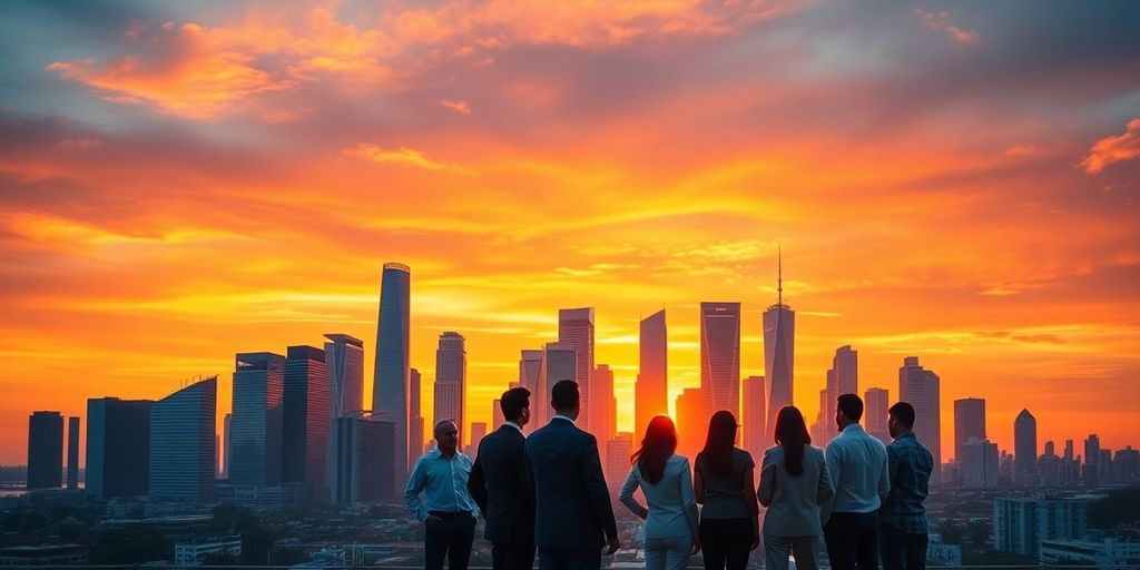 Investors discussing strategies against a sunset skyline backdrop.