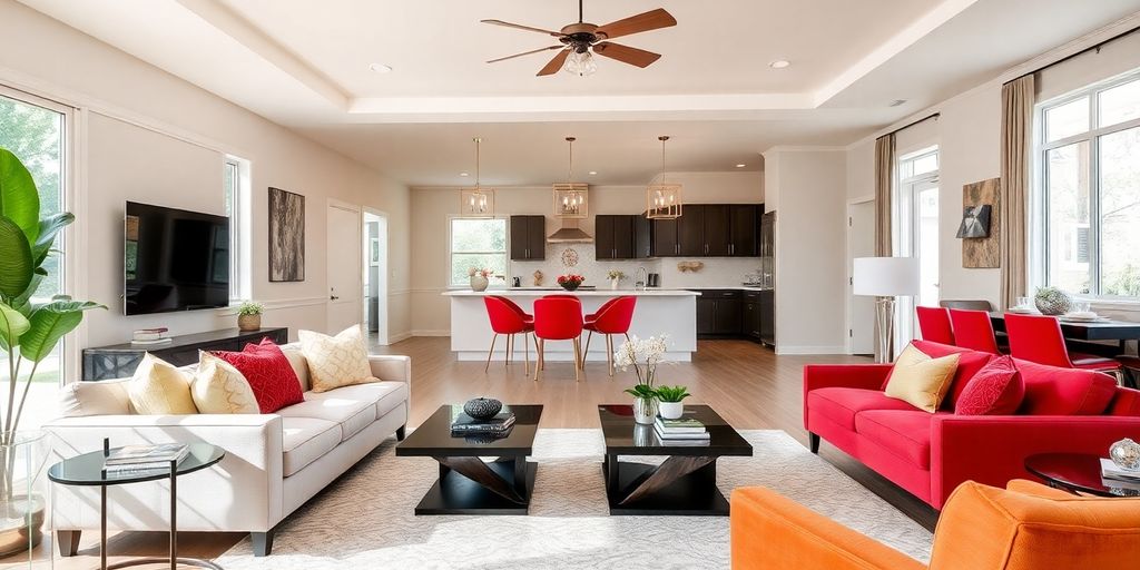 Modern living room with bright colors and elegant decor.