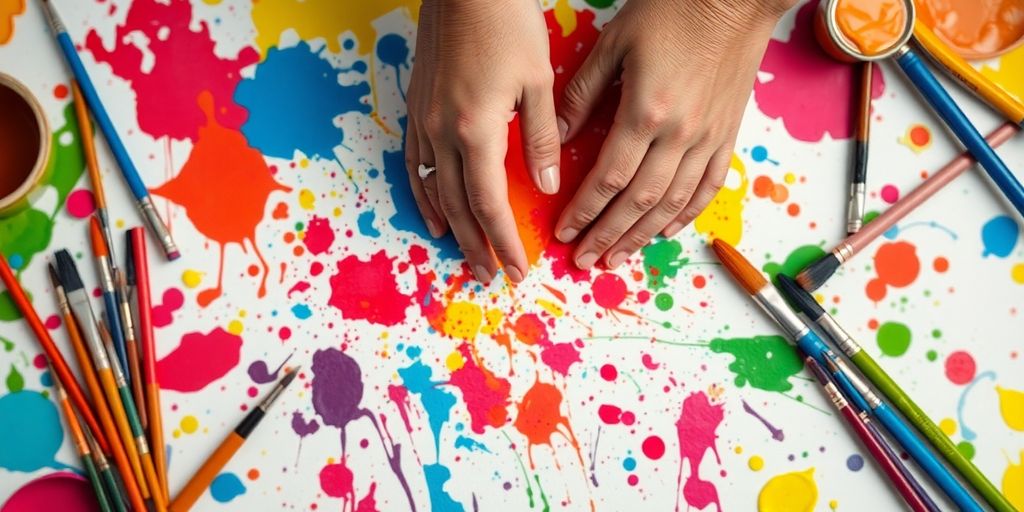 Hands painting with vibrant colors on a canvas.