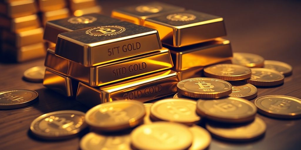 Barres d'or et pièces brillantes sur une table en bois.