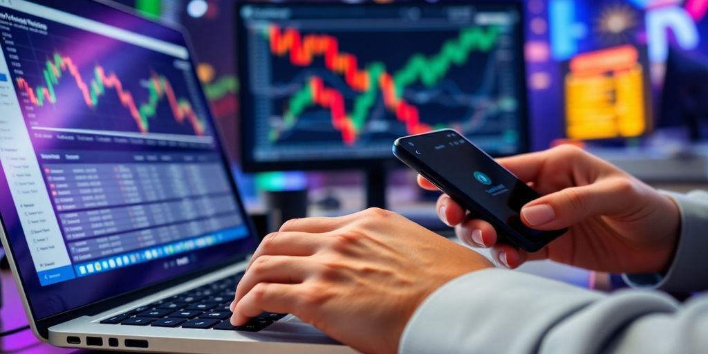 Person using laptop and phone for trading.