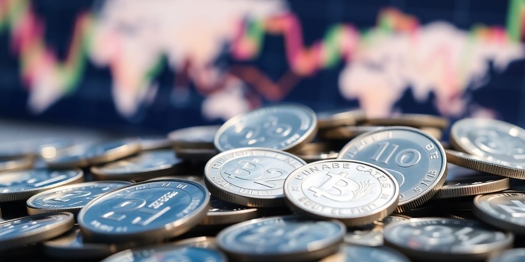 Pièces d'argent brillantes sur fond macroéconomique flou.