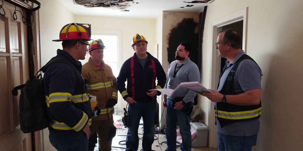 Fire damage restoration team inspecting a charred home interior.