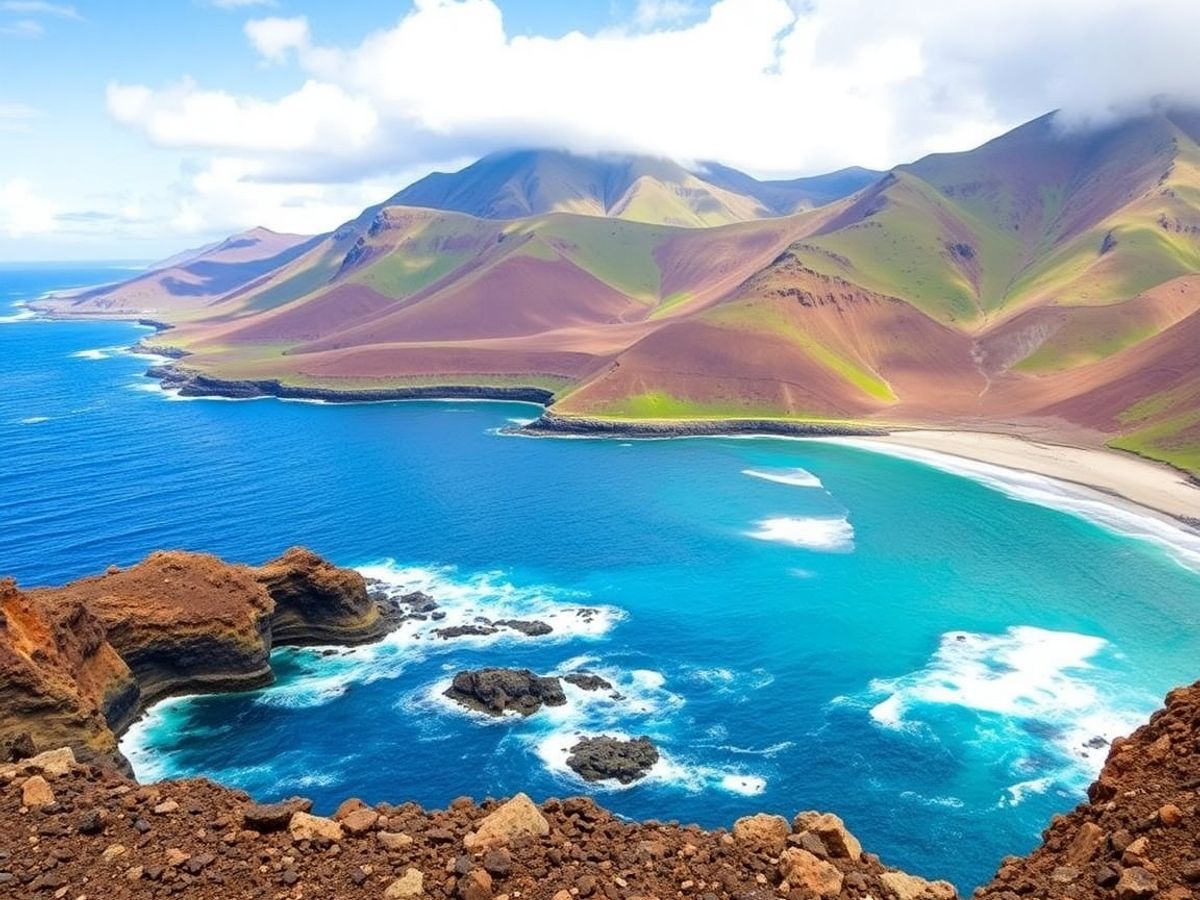 Scenic Fuerteventura coastline meeting lush green hills.