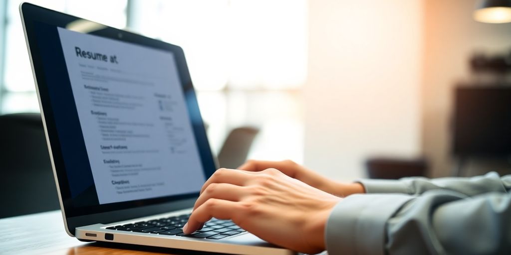 Person typing on laptop, resume on screen