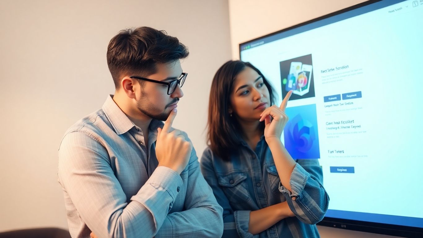 Designer reviewing website interface, focusing on user experience.