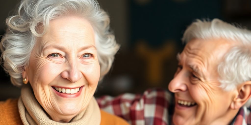 An elderly British woman and man smiling.