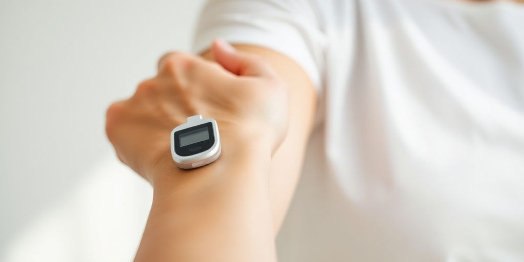 Woman monitoring glucose with a small device on her arm.