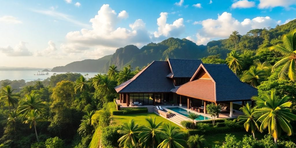 Luxury villa in Thailand with tropical plants and greenery.