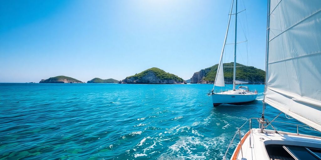 Sailboat on calm turquoise water with islands.