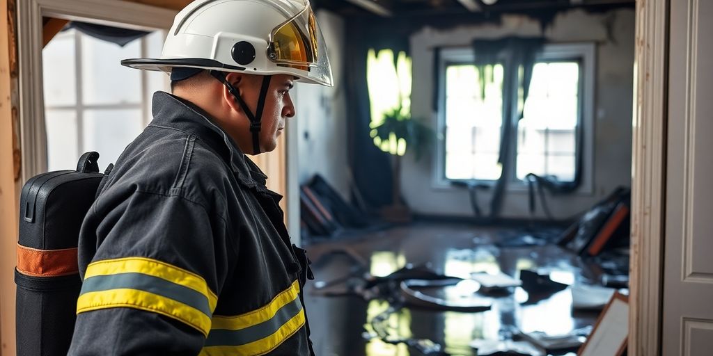 Firefighter assessing fire and water damage in a home.