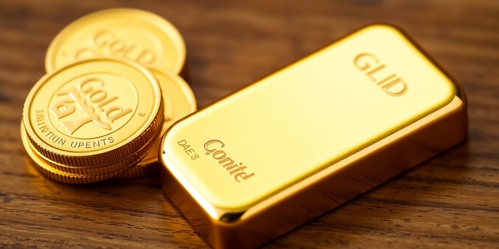 Pièces d'or et lingot sur une surface en bois.
