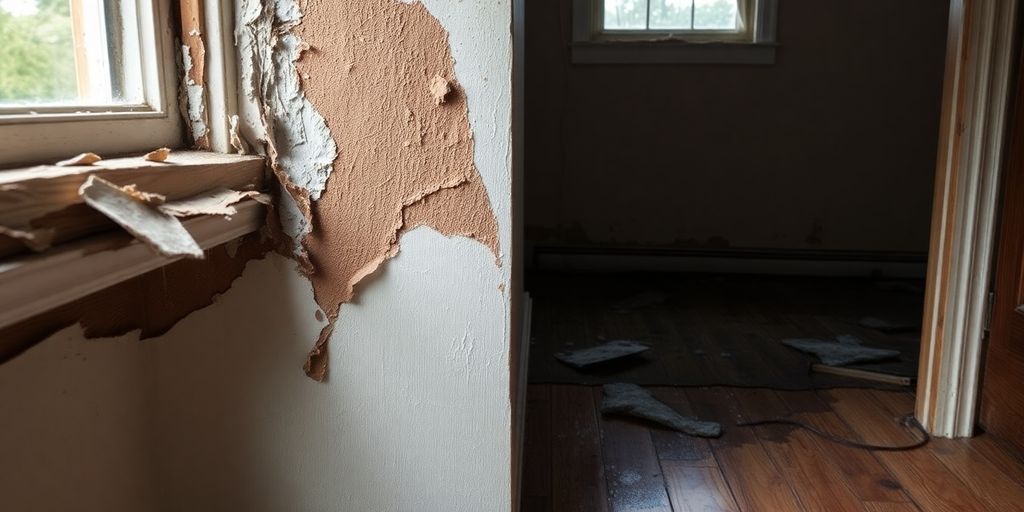 Water-damaged walls and flooring, showing moisture effects.
