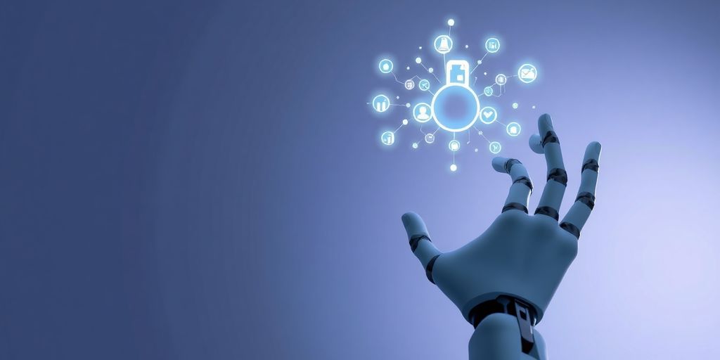 Minimalistic robotic hand connecting software icons.
