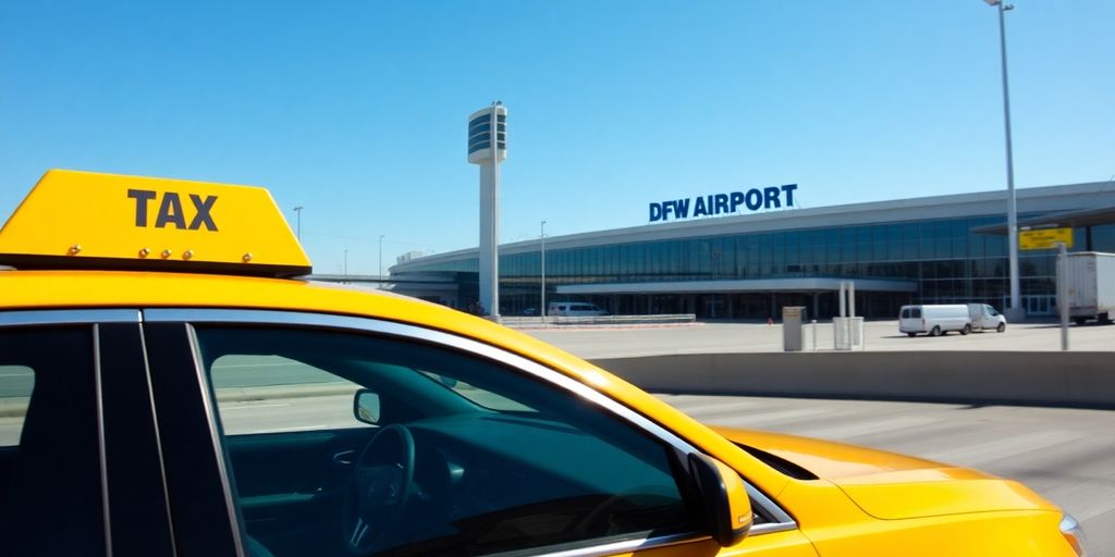 Yellow cab at DFW Airport, ready for passenger transfer.