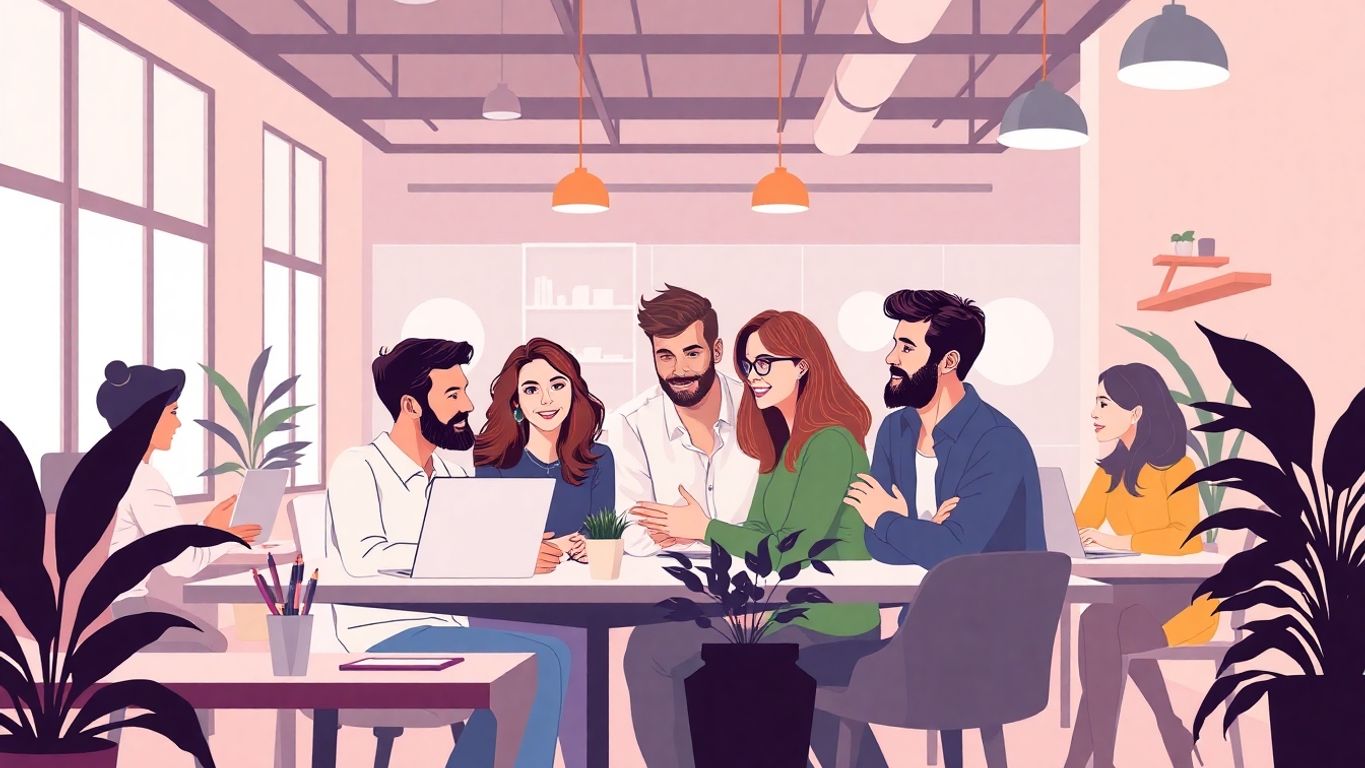 Illustrasjon av entreprenører i et moderne arbeidsmiljø.