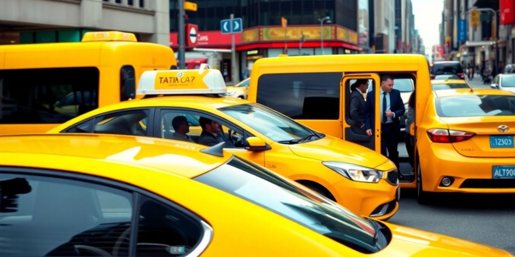 Yellow cab in a busy city with business travelers.