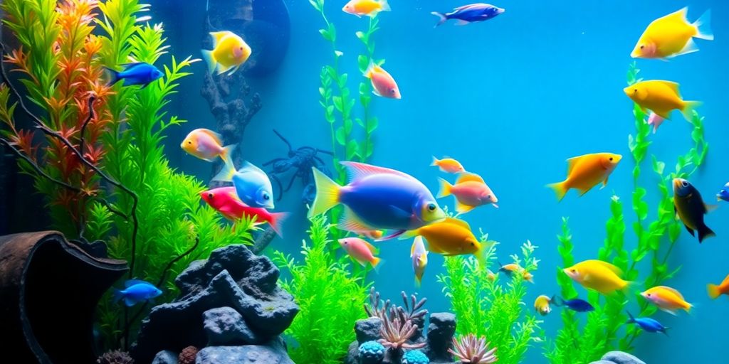 Colorful exotic fish swimming in a lush aquarium.